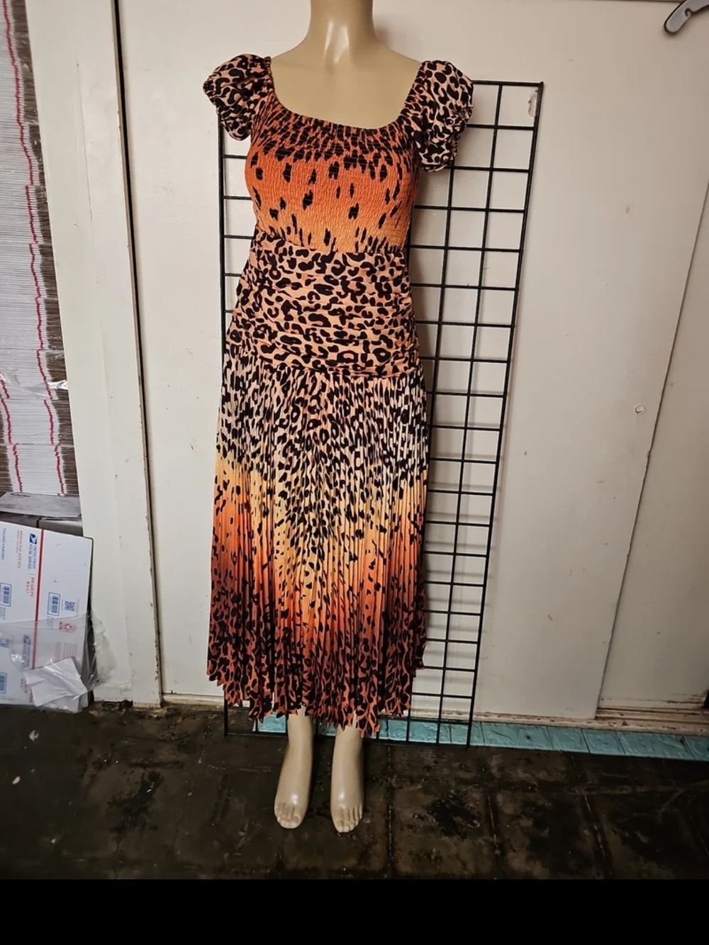 Animal Print Orange Ombre Maxi Dress with Puff Sleeves